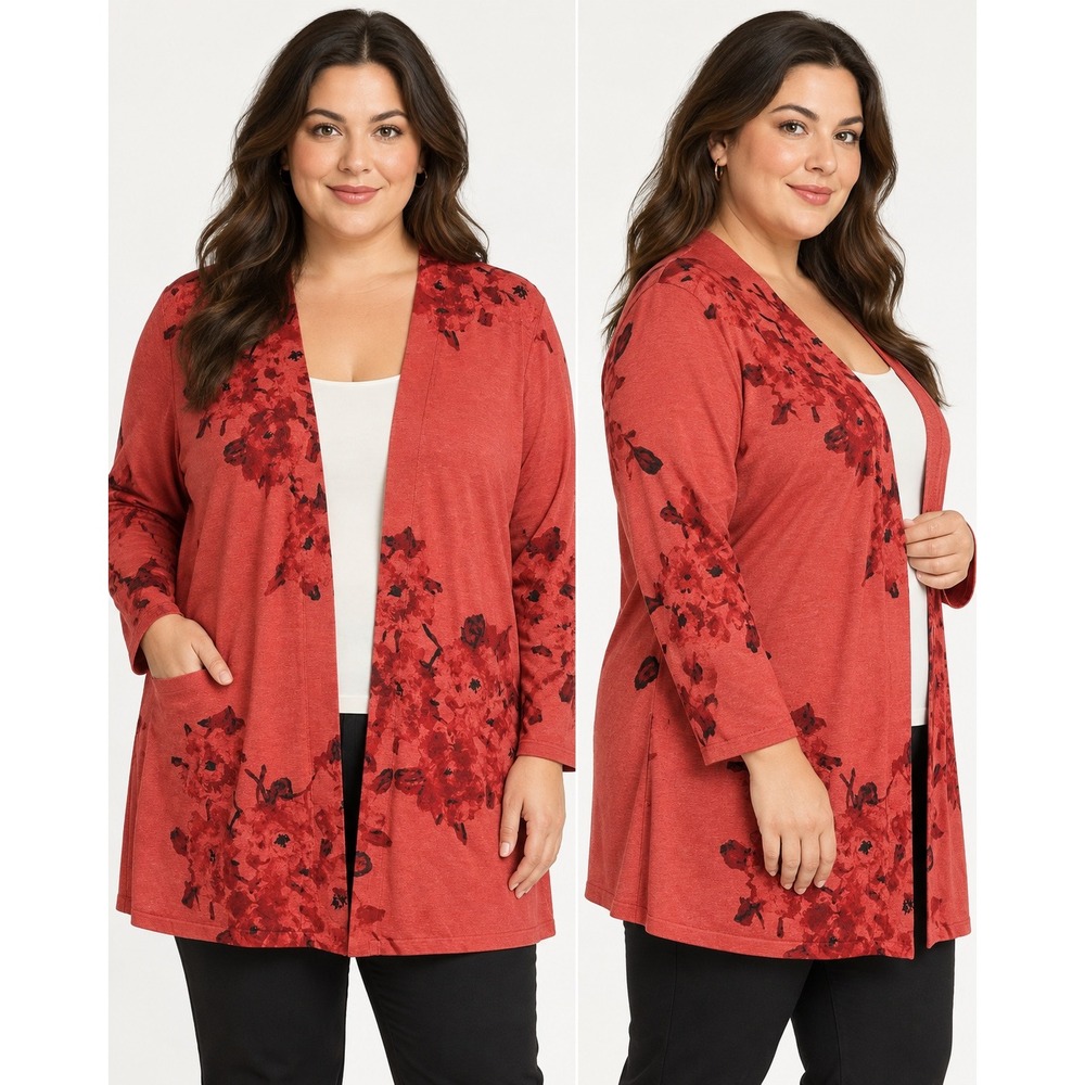 J. Jill Silk Cotton Cashmere Floral Cardigan Currant Red 1X 703574 29